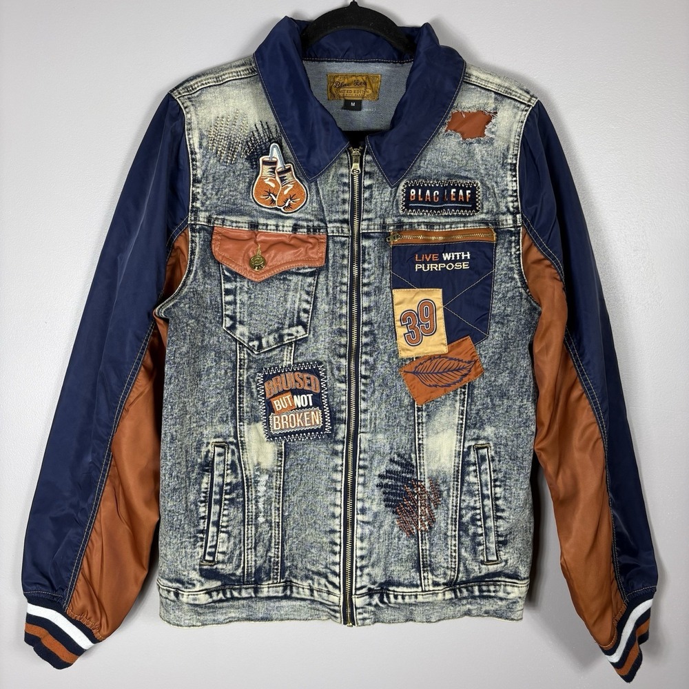 Blac Leaf Adult Medium Embroidered Acid Wash Distressed Full Zip Denim Jacket‎